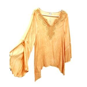 Spense Peach Boho Peasant Blouse Laced Neckline Size L NWOT Bell Sleeve